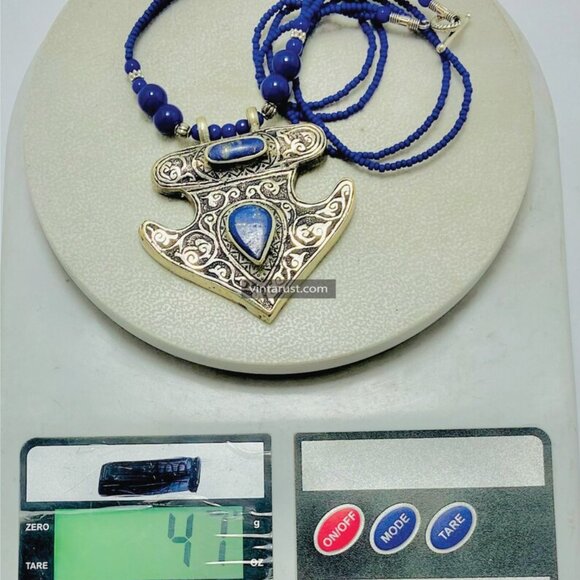 Handmade Lapis Lazuli Necklace, Tribal Beaded Chain Pendant Necklace, Gemstone - Picture 9 of 15